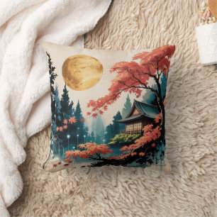 Moonlit Cabin Japanese Forest Art (4) Cushion