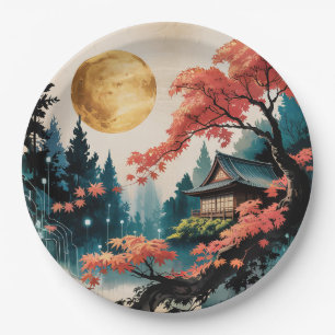 Moonlit Cabin Japanese Forest Art (4) Paper Plate