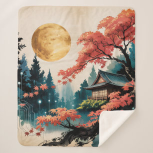 Moonlit Cabin Japanese Forest Art (4) Sherpa Blanket