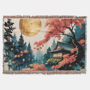 Moonlit Cabin Japanese Forest Art (4) Throw Blanket