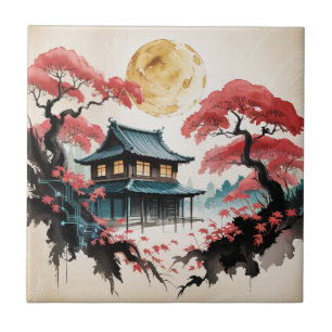 Moonlit Cabin Japanese Forest Art (5) Ceramic Tile