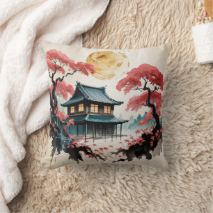 Moonlit Cabin Japanese Forest Art (5) Cushion