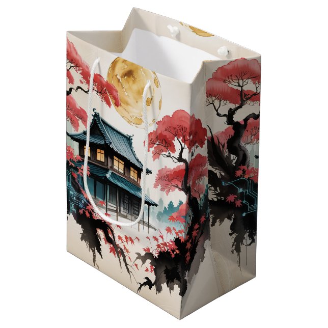 Moonlit Cabin Japanese Forest Art (5) Medium Gift Bag (Front Angled)