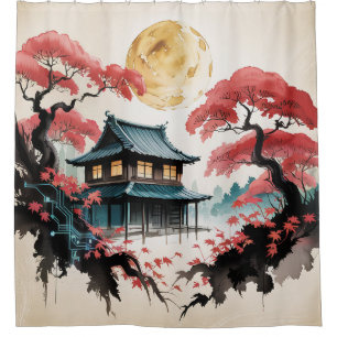 Moonlit Cabin Japanese Forest Art (5) Shower Curtain