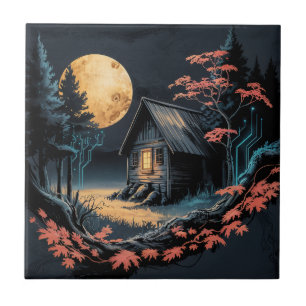Moonlit Cabin Japanese Forest Art (6) Ceramic Tile
