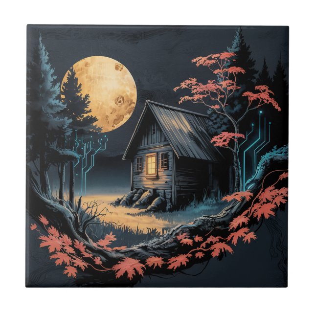 Moonlit Cabin Japanese Forest Art (6) Ceramic Tile (Front)