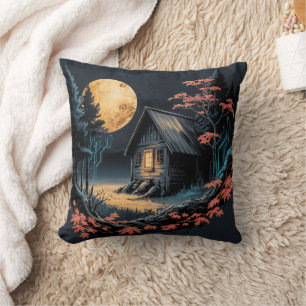 Moonlit Cabin Japanese Forest Art (6) Cushion