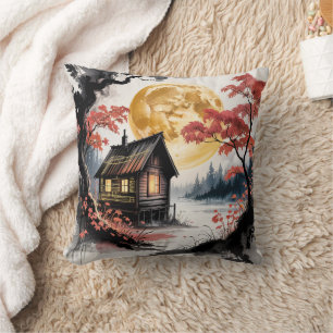 Moonlit Cabin Japanese Forest Art (7) Cushion