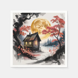 Moonlit Cabin Japanese Forest Art (7) Napkin