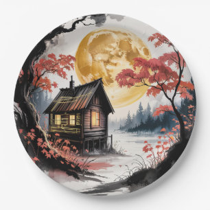Moonlit Cabin Japanese Forest Art (7) Paper Plate