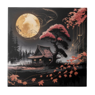 Moonlit Cabin Japanese Forest Art (8) Ceramic Tile