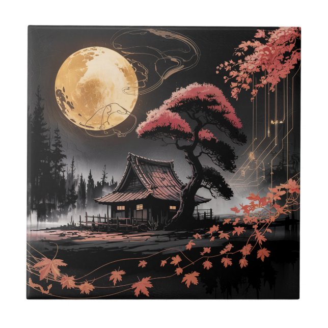 Moonlit Cabin Japanese Forest Art (8) Ceramic Tile (Front)