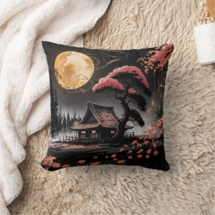 Moonlit Cabin Japanese Forest Art (8) Cushion