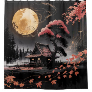 Moonlit Cabin Japanese Forest Art (8) Shower Curtain