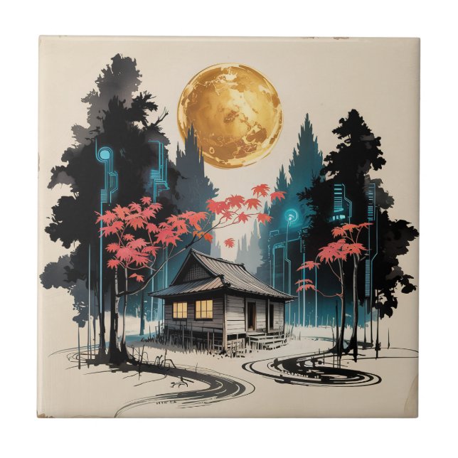 Moonlit Cabin Japanese Forest Art (9) Ceramic Tile (Front)