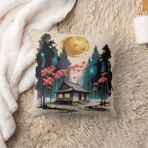 Moonlit Cabin Japanese Forest Art (9) Cushion