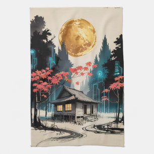 Moonlit Cabin Japanese Forest Art (9) Tea Towel