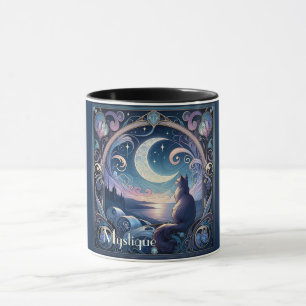 Moonlit Cat Fantasy Blue Art Nouveau Mug