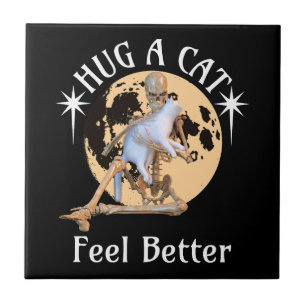 Moonlit Cat Hug Skeleton Comfort Humour Ceramic Tile