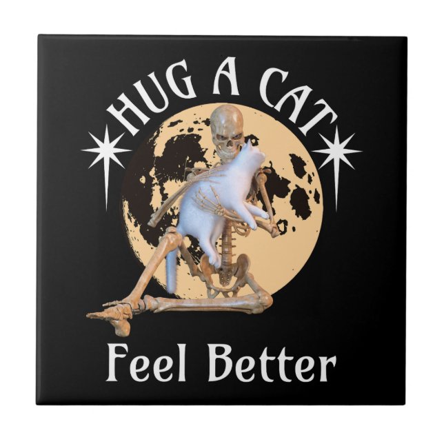 Moonlit Cat Hug Skeleton Comfort Humour Ceramic Tile (Front)