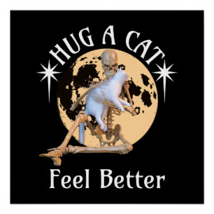 Moonlit Cat Hug Skeleton Comfort Humour Poster