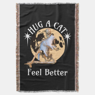 Moonlit Cat Hug Skeleton Comfort Humour Throw Blanket