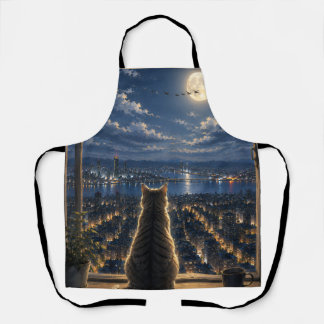 Moonlit Cat Watching the City Night Window Art Apron