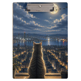 Moonlit Cat Watching the City Night Window Art Clipboard