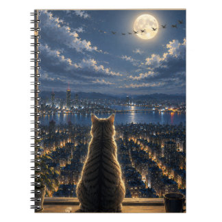 Moonlit Cat Watching the City Night Window Art Notebook