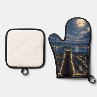 Moonlit Cat Watching the City Night Window Art Oven Mitt & Pot Holder Set