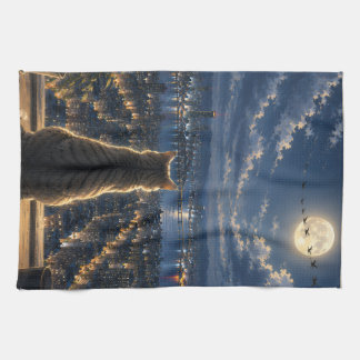 Moonlit Cat Watching the City Night Window Art Tea Towel