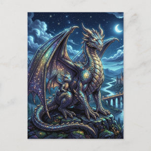 Moonlit Celestial Dragon and Baby Fantasy Castle  Postcard