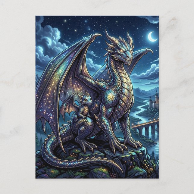 Moonlit Celestial Dragon and Baby Fantasy Castle  Postcard (Front)