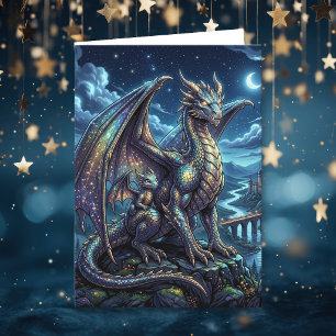 Moonlit Celestial Dragons Happy Birthday Card