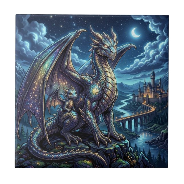 Moonlit Celestial Father and Son Dragons   Ceramic Tile (Front)