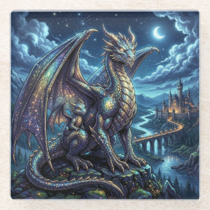 Moonlit Celestial Father and Son Dragons Glass Coaster
