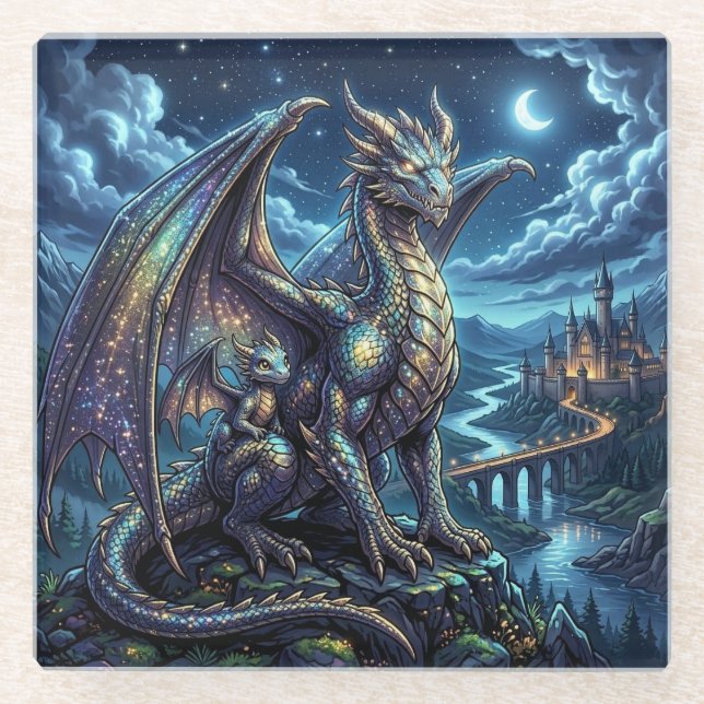 Moonlit Celestial Father and Son Dragons   Glass Coaster (Front)