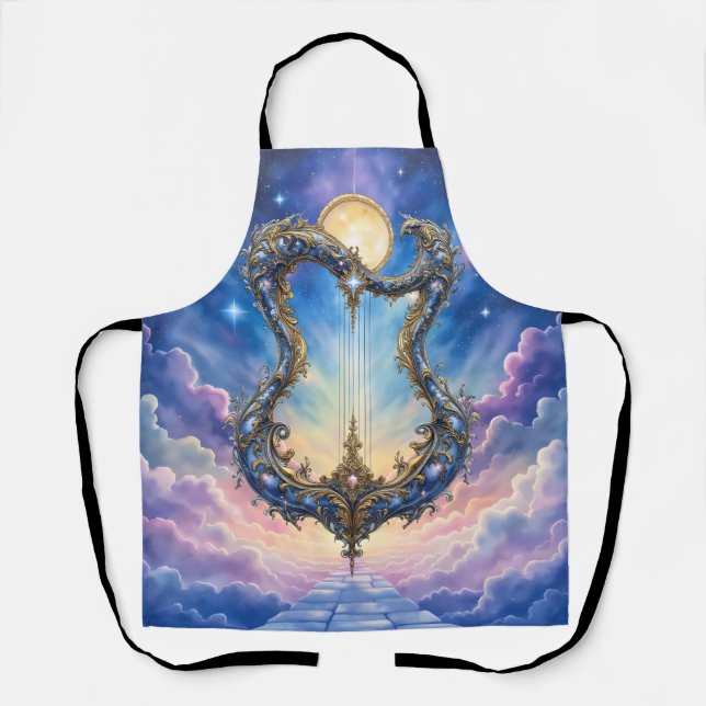 Moonlit Celestial Harp – Dreamy Cosmic Fantasy Art Apron (Front)
