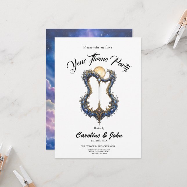 Moonlit Celestial Harp – Dreamy Cosmic Fantasy Art Invitation (Front/Back In Situ)