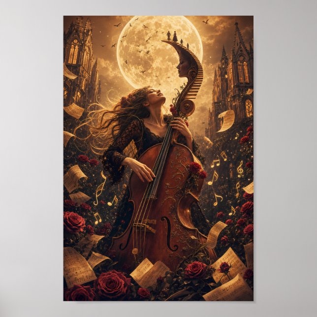 Moonlit Cello Reverie Gothic Fantasy Poster (Front)