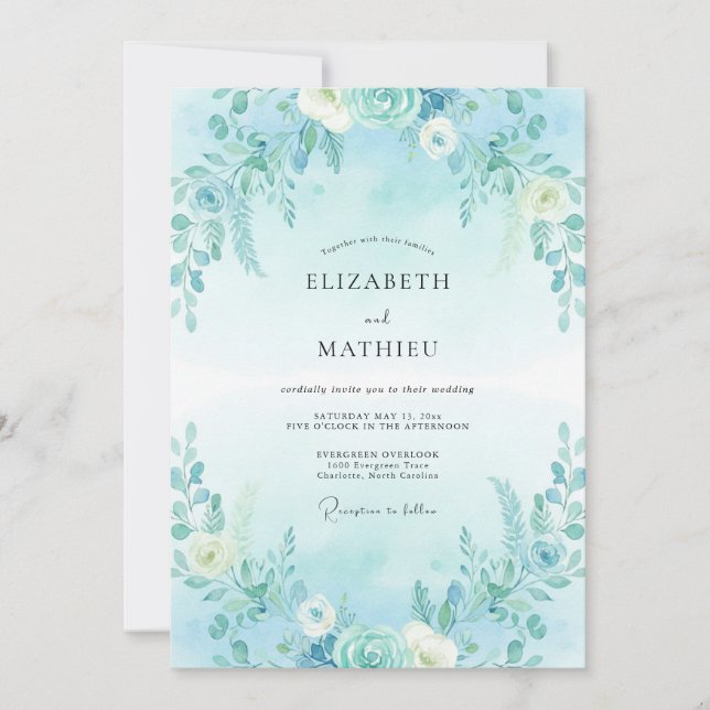 Moonlit Cerulean Leafy Wedding Invitation (Front)