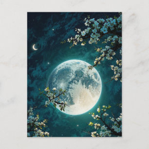 Moonlit Cherry Blossom Fantasy Postcard Glowing