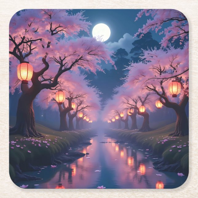Moonlit Cherry Blossom Lanterns - Anime Landscape Square Paper Coaster (Front)