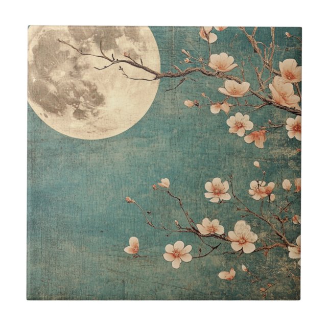 Moonlit Cherry Blossom Serenity Ceramic Tile (Front)