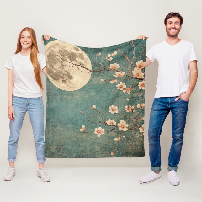 Moonlit Cherry Blossom Serenity Fleece Blanket (In Situ)