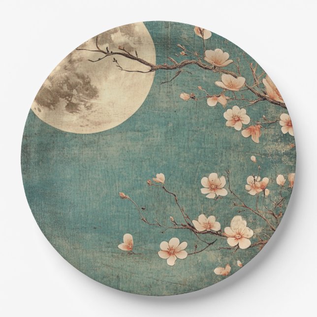 Moonlit Cherry Blossom Serenity Paper Plate (Front)