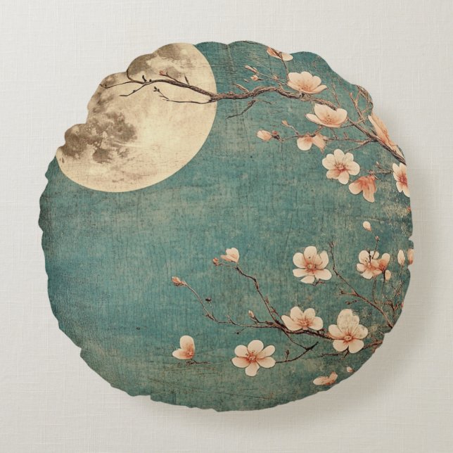 Moonlit Cherry Blossom Serenity Round Cushion (Front)