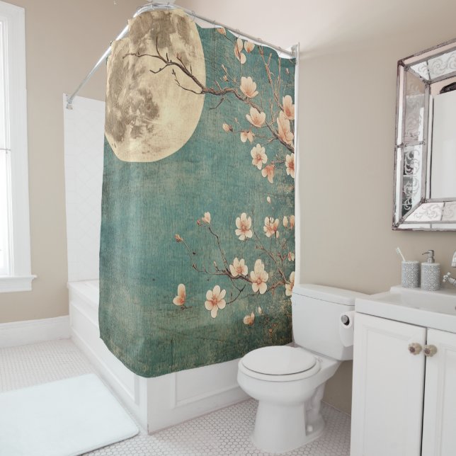 Moonlit Cherry Blossom Serenity Shower Curtain (In Situ)