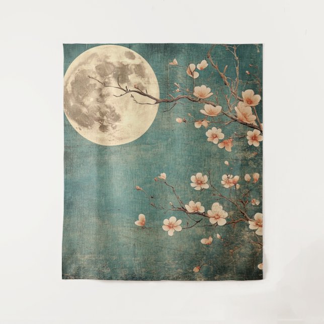 Moonlit Cherry Blossom Serenity Tapestry (Front)
