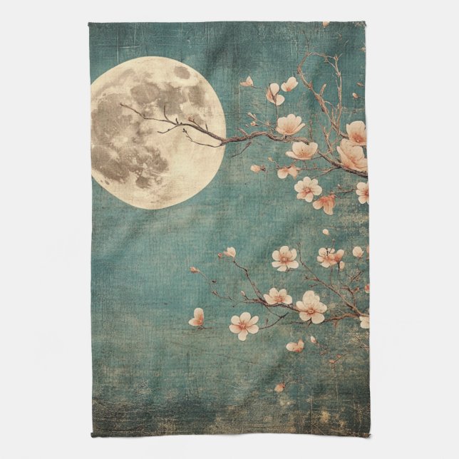 Moonlit Cherry Blossom Serenity Tea Towel (Vertical)